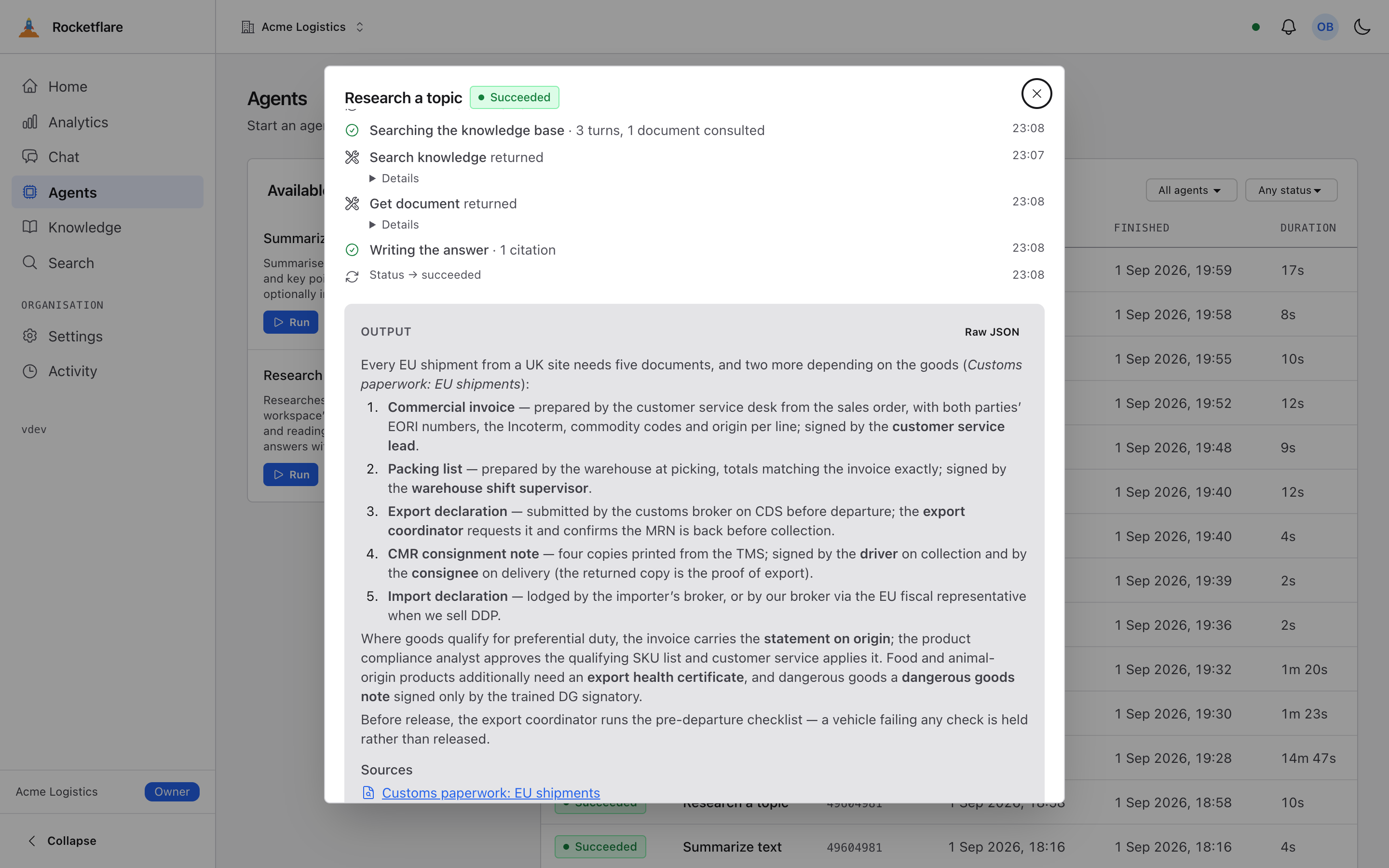 A research-topic run: the answer and its citation to the document it read