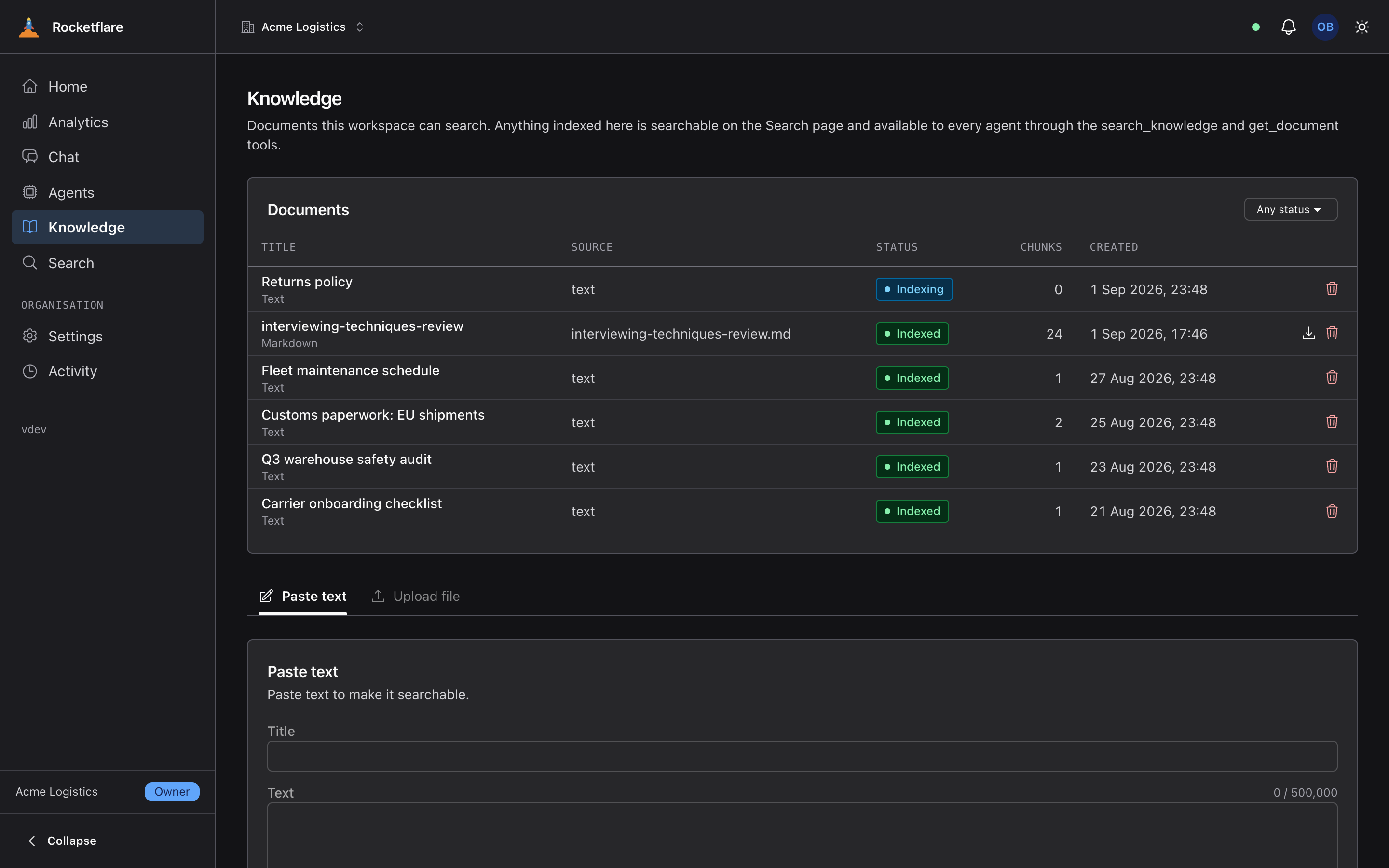 The Knowledge page listing indexed documents