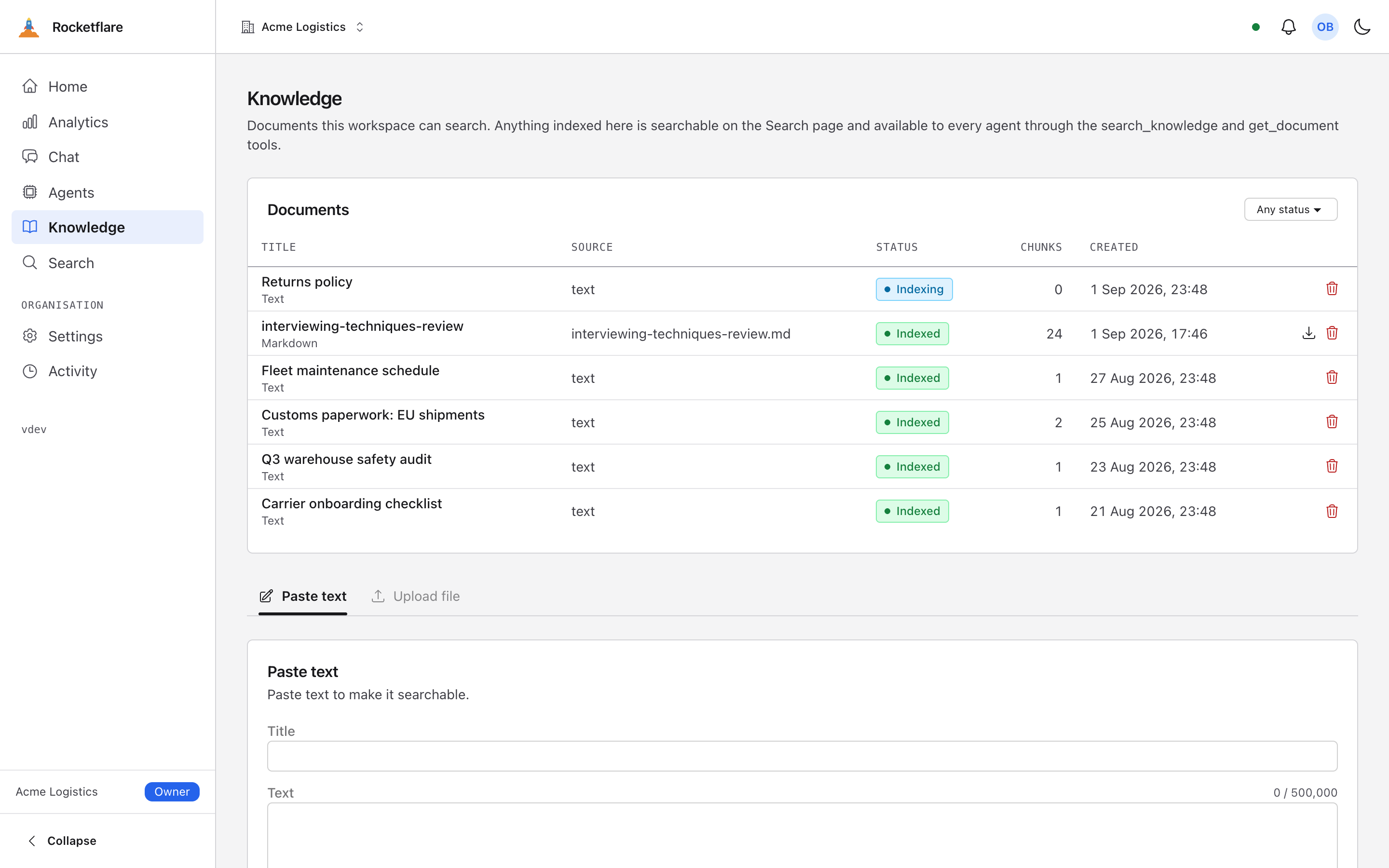 The Knowledge page listing indexed documents