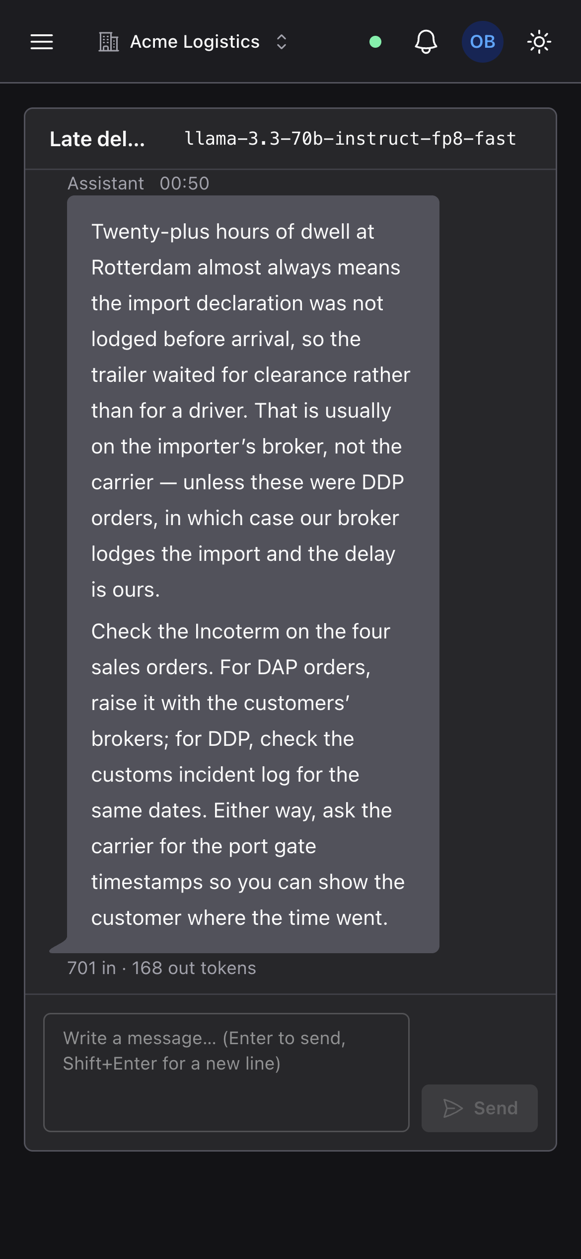 A chat thread on a phone, scrolled to the last assistant turn